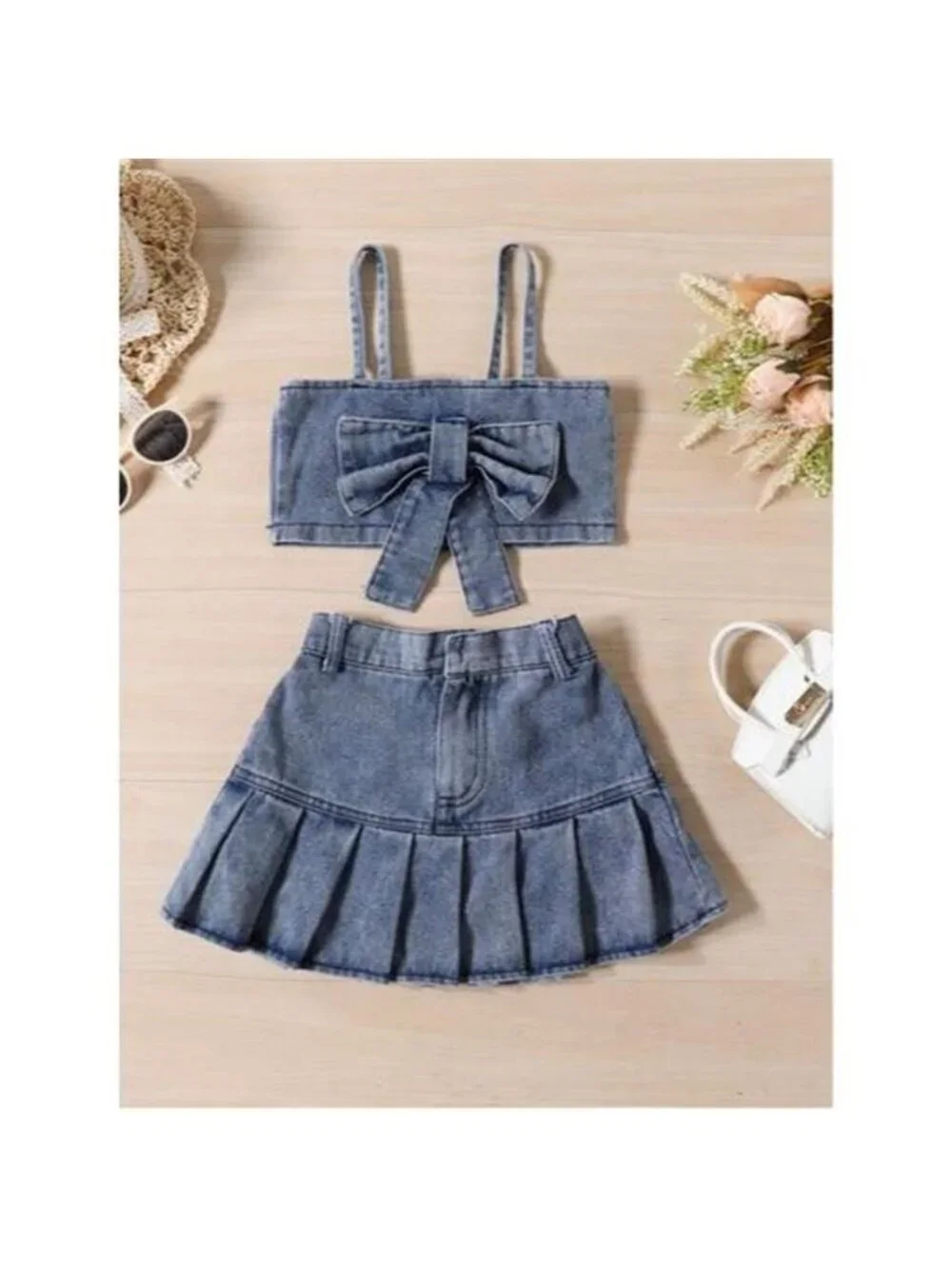 Children's Denim Bowknot Crop Top and Pleated Skirt Set